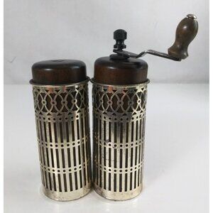 Vintage Wooden Grinder And Shaker With Ornate Metal Lattice Overlay S&P Shakers